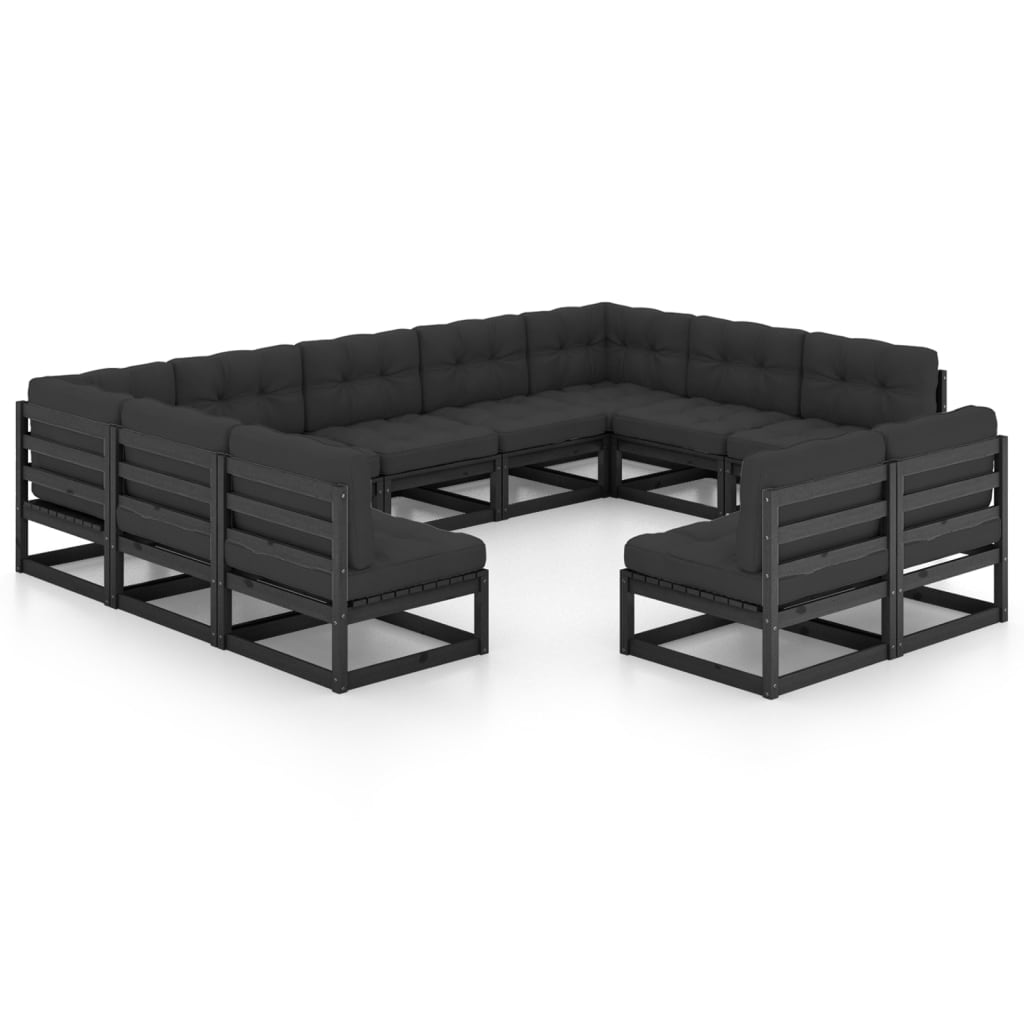 11-tlg. Garten-Lounge-Set mit Kissen Schwarz Kiefer Massivholz