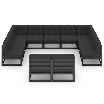 11-tlg. Garten-Lounge-Set mit Kissen Schwarz Kiefer Massivholz