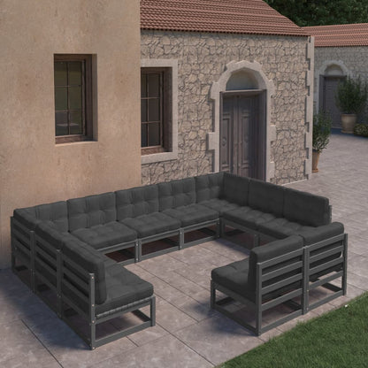 11-tlg. Garten-Lounge-Set mit Kissen Schwarz Kiefer Massivholz