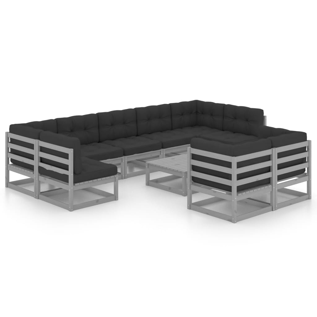 10-tlg. Garten-Lounge-Set mit Kissen Grau Massivholz Kiefer