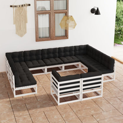 11-tlg. Garten-Lounge-Set mit Kissen Weiß Kiefer Massivholz