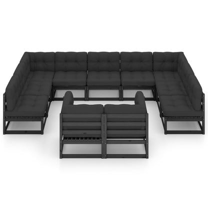 11-tlg. Garten-Lounge-Set mit Kissen Schwarz Kiefer Massivholz