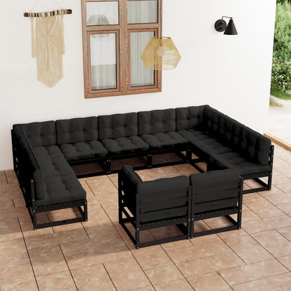 11-tlg. Garten-Lounge-Set mit Kissen Schwarz Kiefer Massivholz