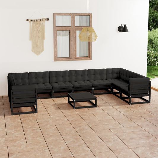 11-tlg. Garten-Lounge-Set mit Kissen Schwarz Kiefer Massivholz