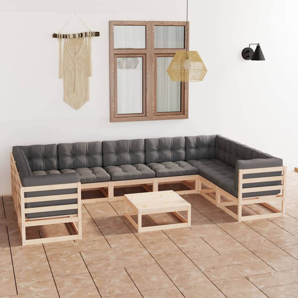 10-tlg. Garten-Lounge-Set mit Kissen Massivholz Kiefer