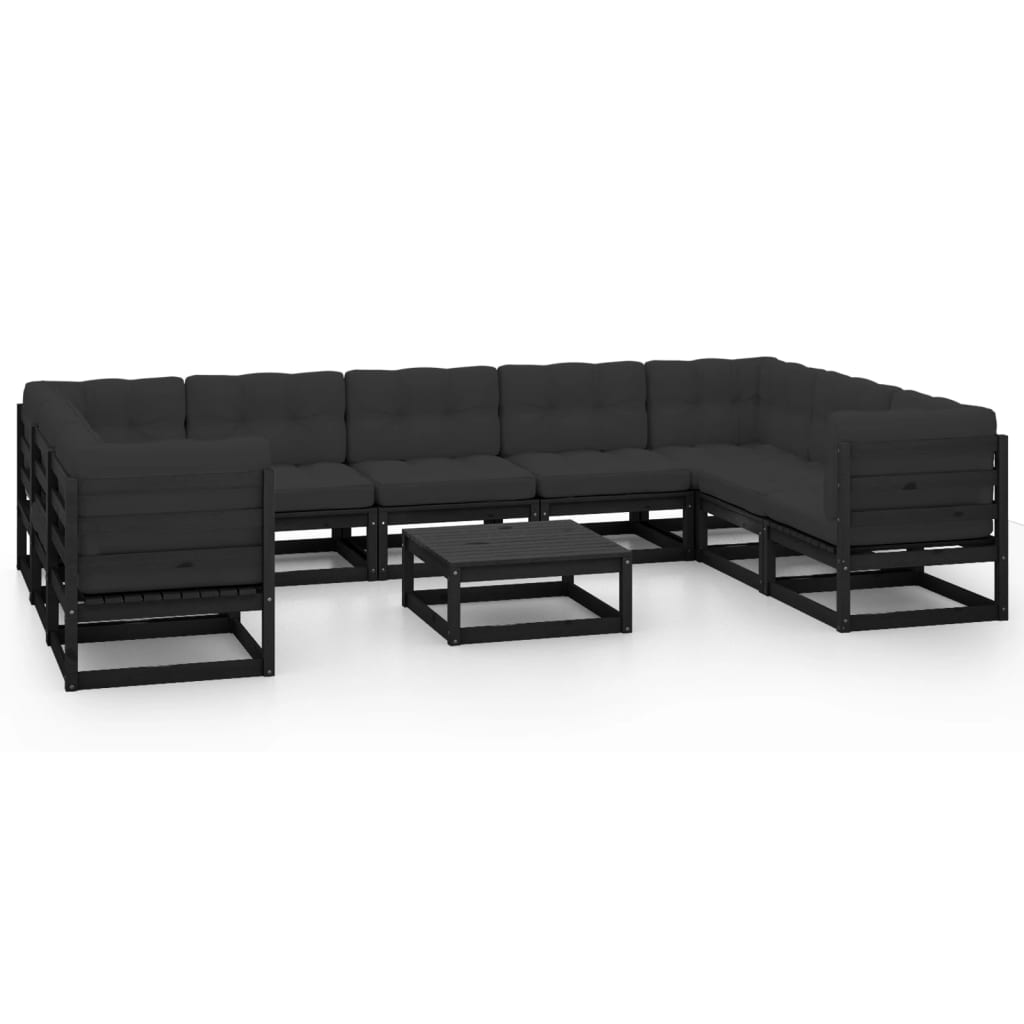 10-tlg. Garten-Lounge-Set mit Kissen Schwarz Massivholz Kiefer