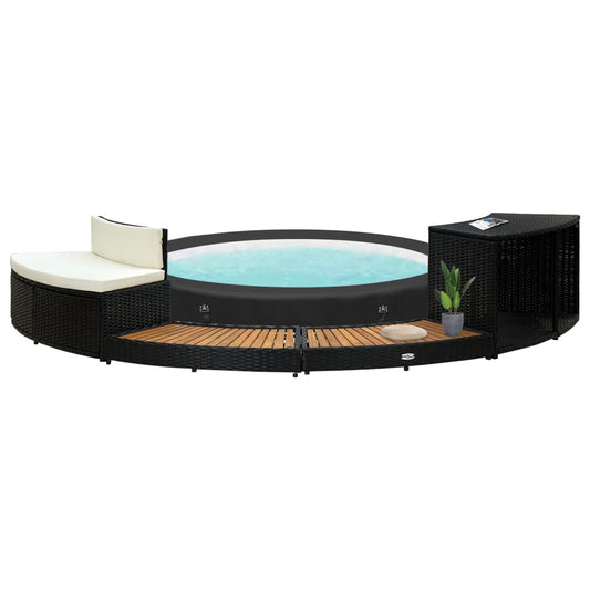 Whirlpool-Einfassung Schwarz Poly Rattan und Massivholz Akazie