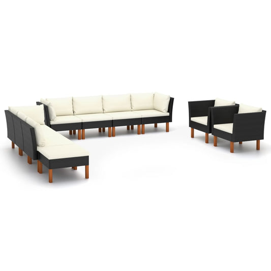 10-tlg. Garten-Lounge-Set Poly Rattan Eukalyptusholz Schwarz