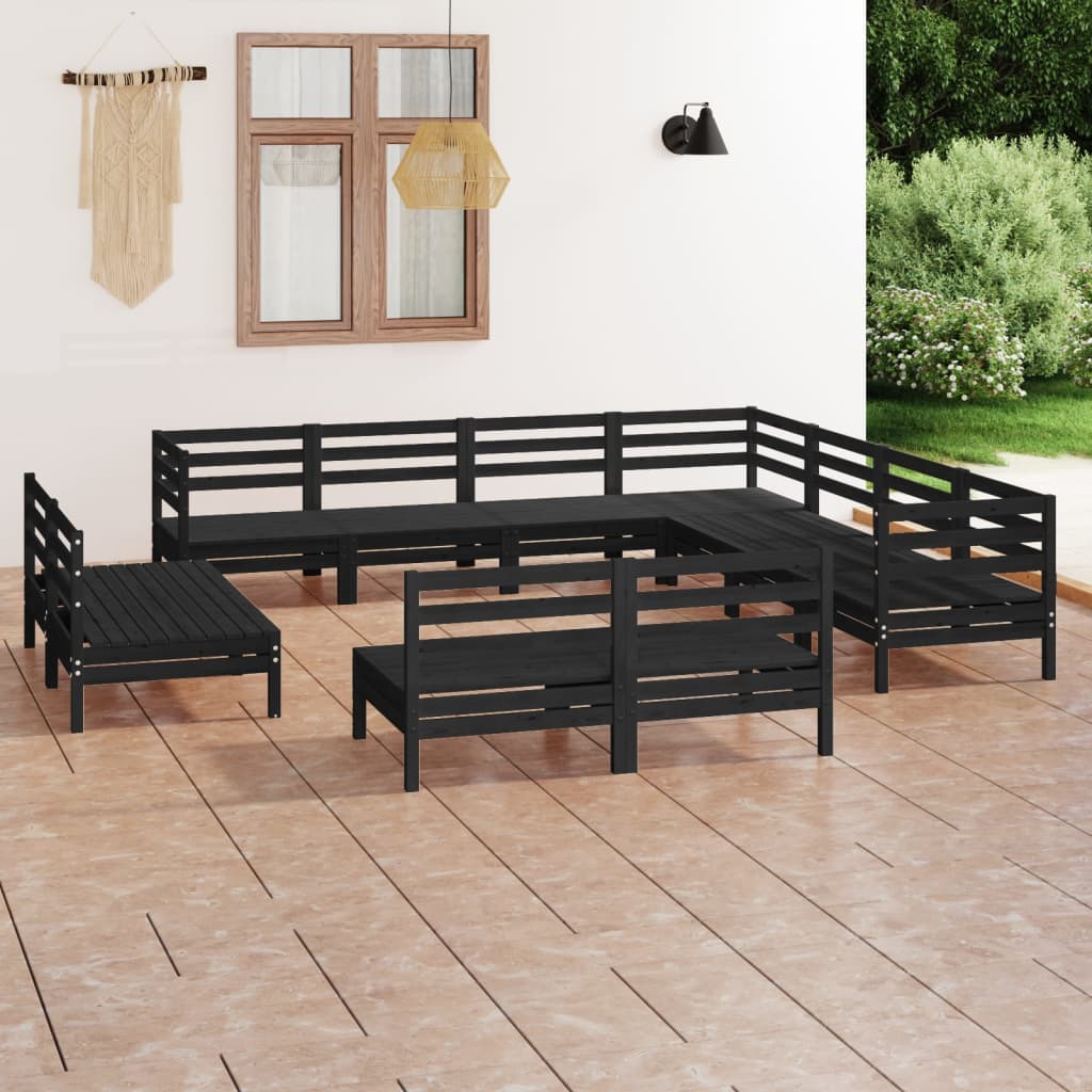 11-tlg. Garten-Lounge-Set Massivholz Kiefer Schwarz