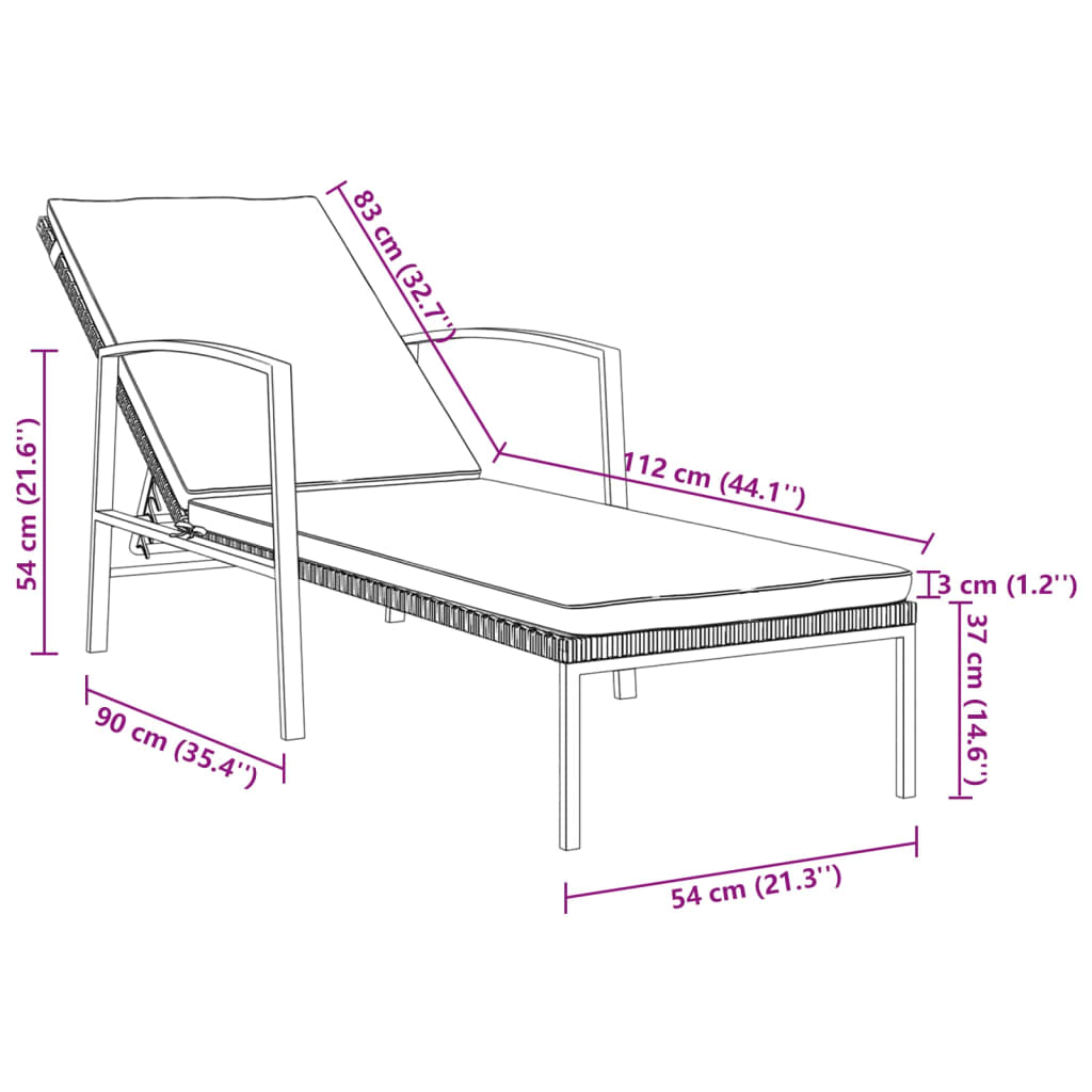 Sonnenliege mit Auflage Poly Rattan Schwarz