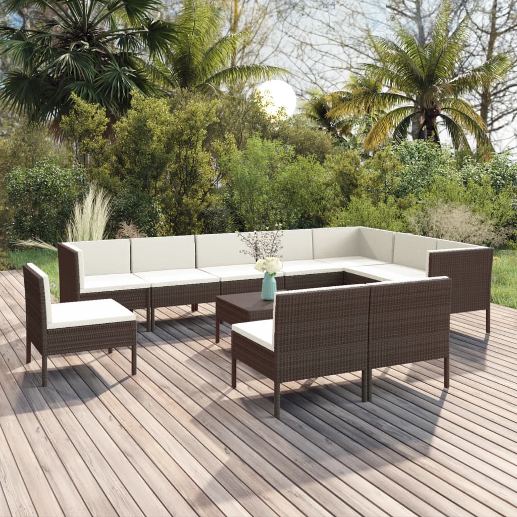 11-tlg. Garten-Lounge-Set mit Auflagen Poly Rattan Braun