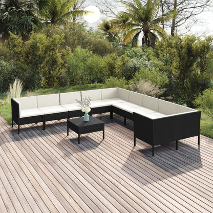 11-tlg. Garten-Lounge-Set mit Auflagen Poly Rattan Schwarz