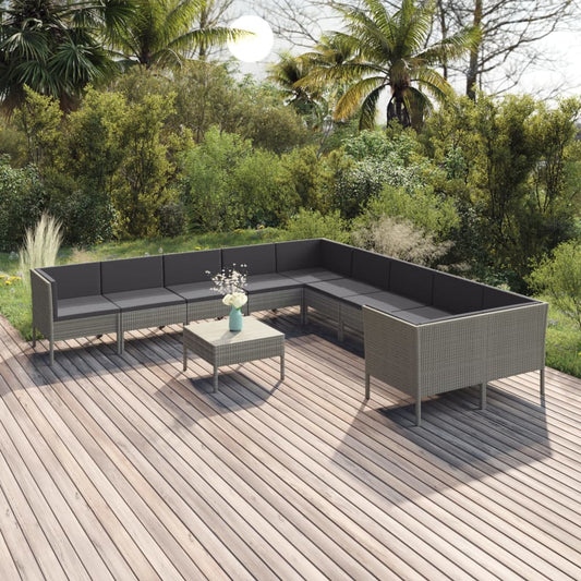 11-tlg. Garten-Lounge-Set mit Auflagen Poly Rattan Grau