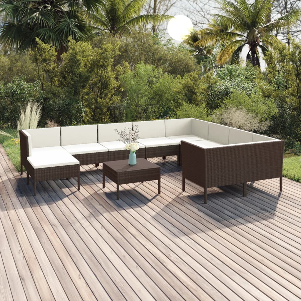 11-tlg. Garten-Lounge-Set mit Auflagen Poly Rattan Braun