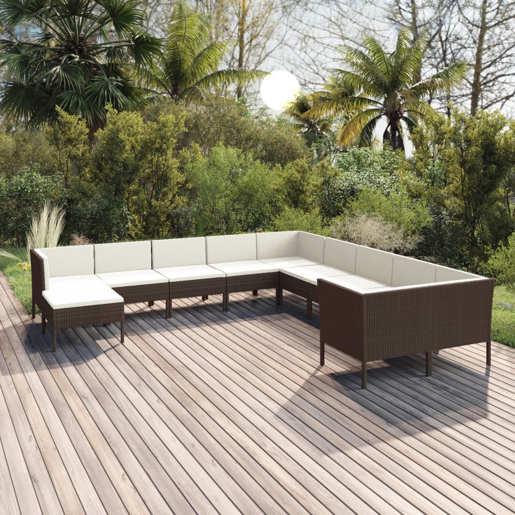 11-tlg. Garten-Lounge-Set mit Auflagen Poly Rattan Braun