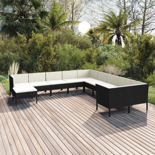 11-tlg. Garten-Lounge-Set mit Auflagen Poly Rattan Schwarz