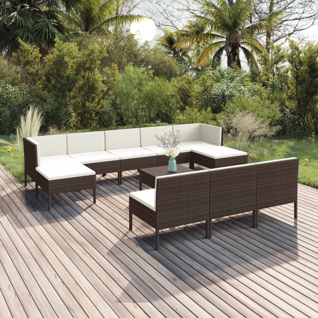 11-tlg. Garten-Lounge-Set mit Auflagen Poly Rattan Braun