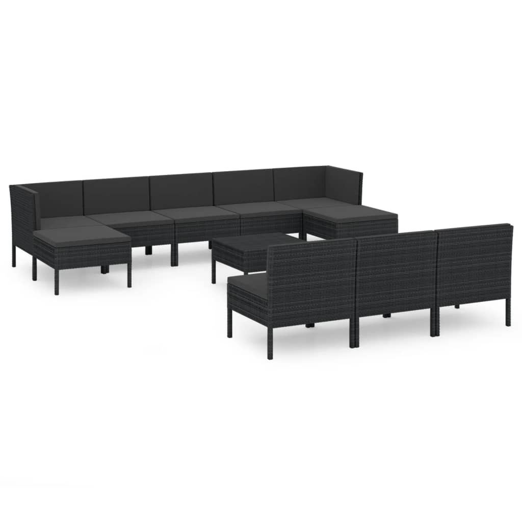 11-tlg. Garten-Lounge-Set mit Auflagen Poly Rattan Schwarz