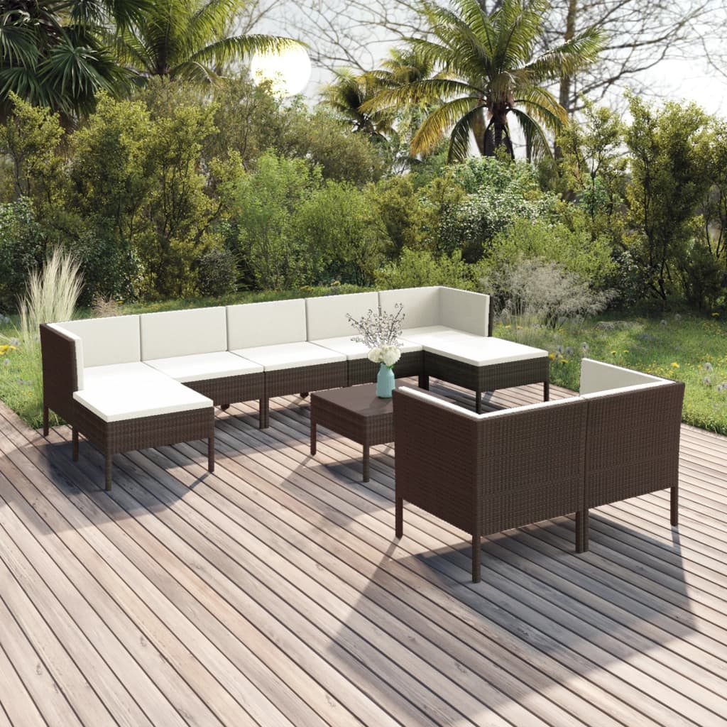 10-tlg. Garten-Lounge-Set mit Auflagen Poly Rattan Braun