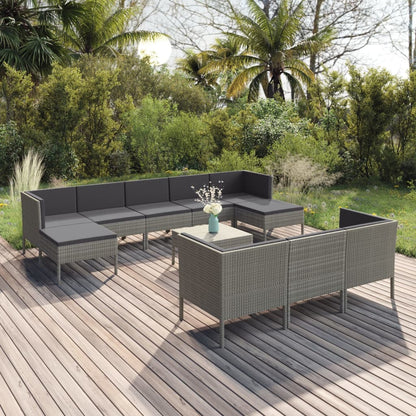 11-tlg. Garten-Lounge-Set mit Auflagen Poly Rattan Grau