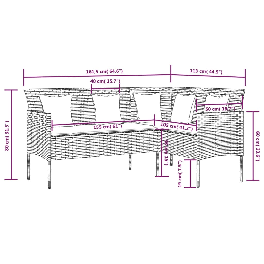 Sofa in L-Form mit Kissen Poly Rattan Braun