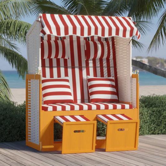 Strandkorb mit Kissen Poly Rattan und Massivholz Rot & Weiß