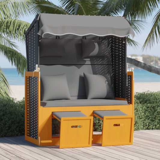 Strandkorb mit Kissen Poly Rattan Massivholz Schwarz Anthrazit