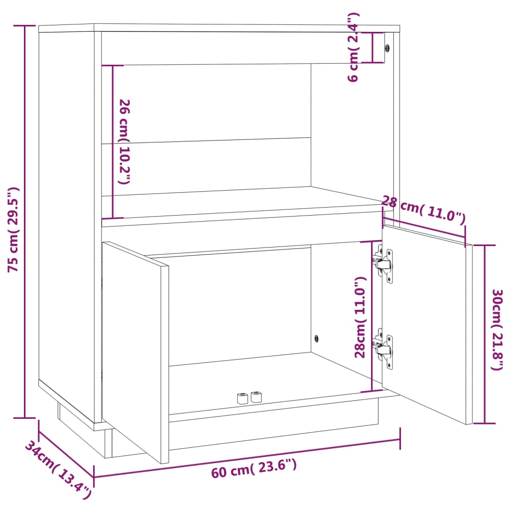 Sideboard Weiß 60x34x75 cm Massivholz Kiefer