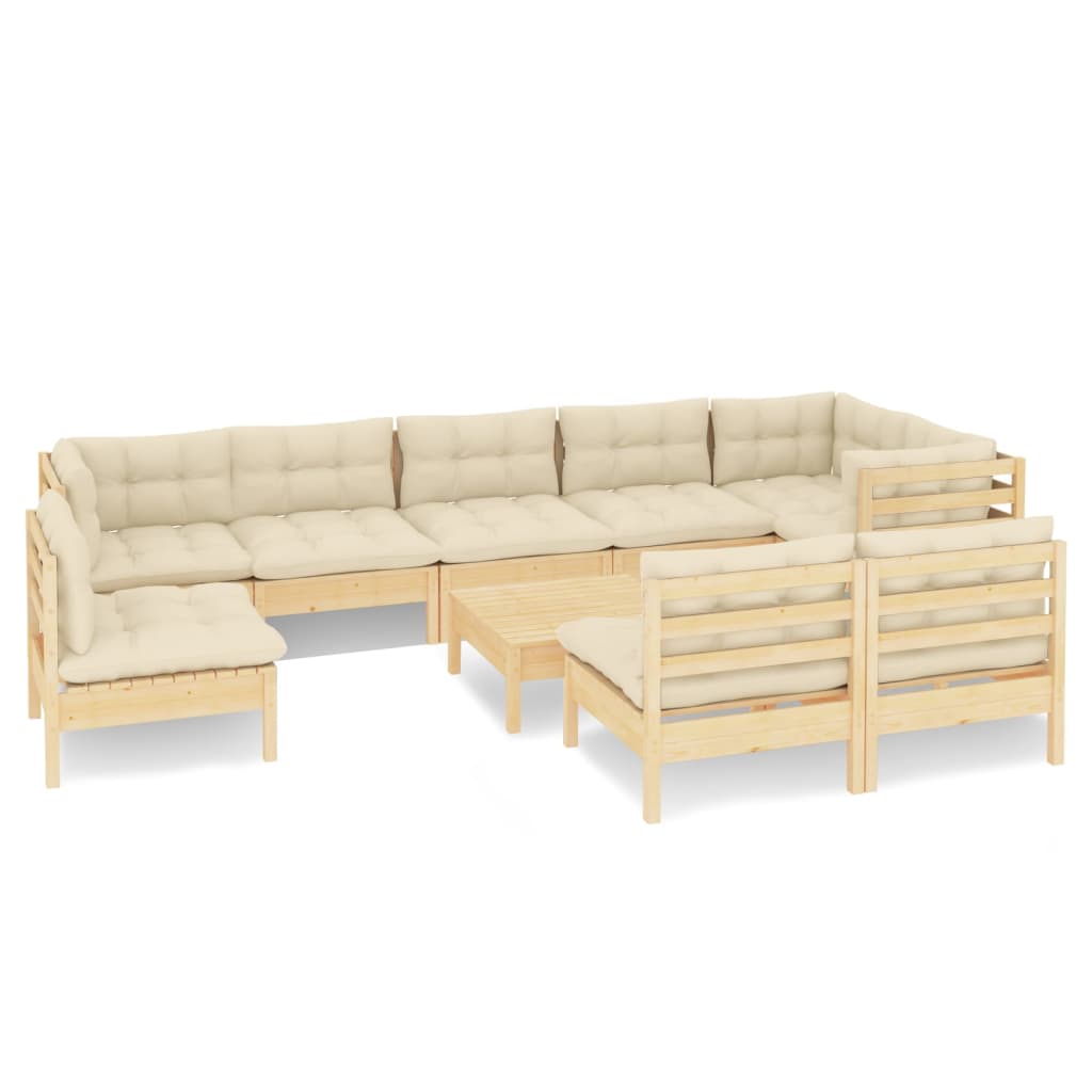 10-tlg. Garten-Lounge-Set mit Creme Kissen Massivholz Kiefer