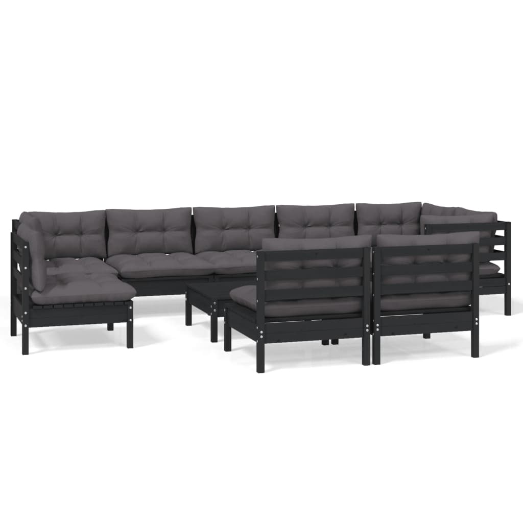 10-tlg. Garten-Lounge-Set mit Kissen Schwarz Massivholz Kiefer