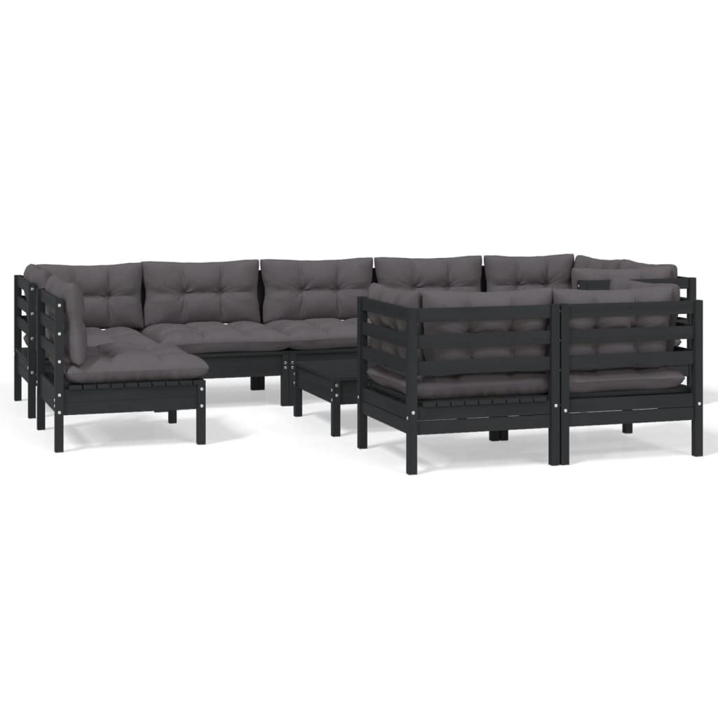 10-tlg. Garten-Lounge-Set mit Kissen Schwarz Massivholz Kiefer