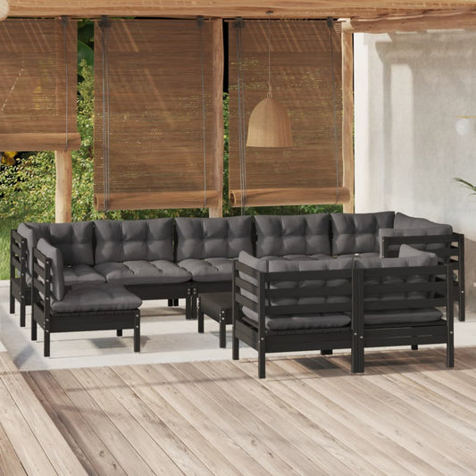 10-tlg. Garten-Lounge-Set mit Kissen Schwarz Massivholz Kiefer