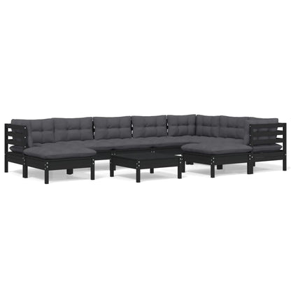 10-tlg. Garten-Lounge-Set mit Kissen Schwarz Kiefer Massivholz