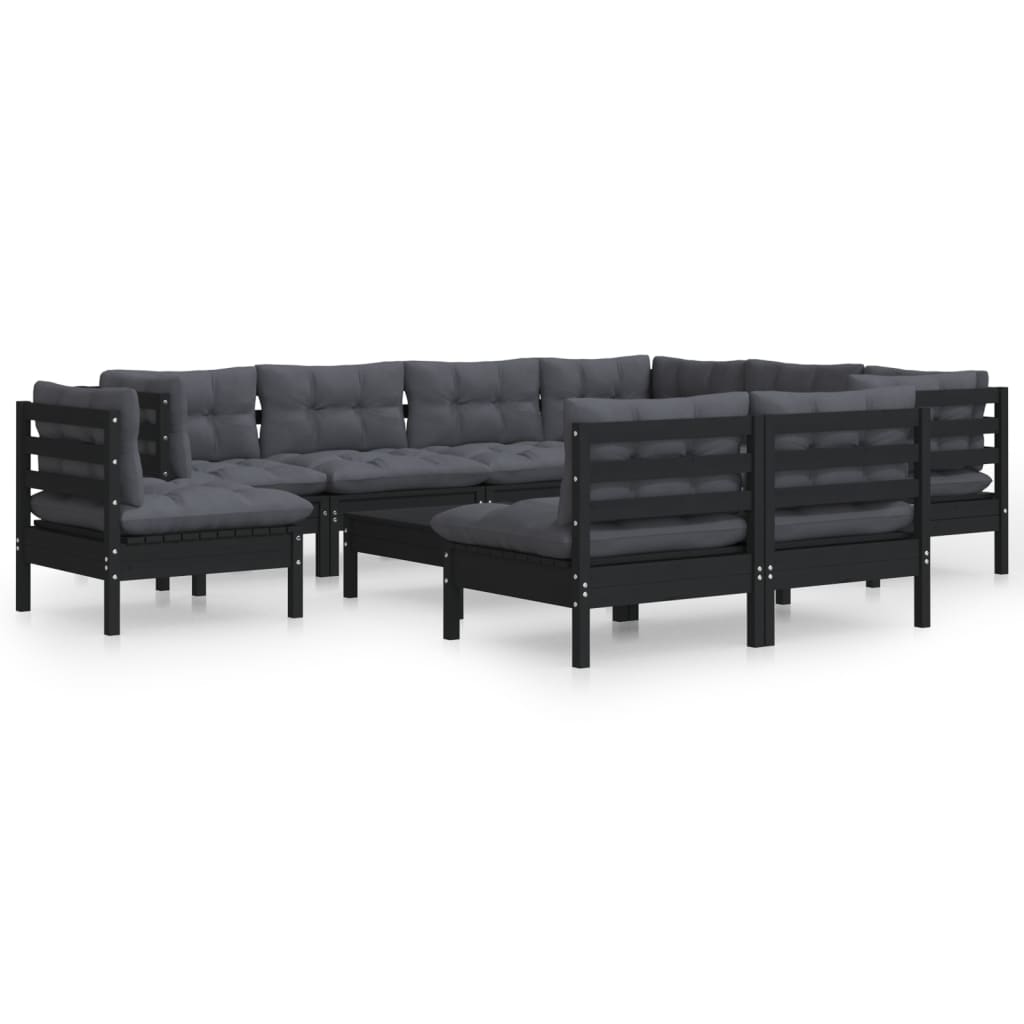 10-tlg. Garten-Lounge-Set mit Kissen Schwarz Massivholz Kiefer