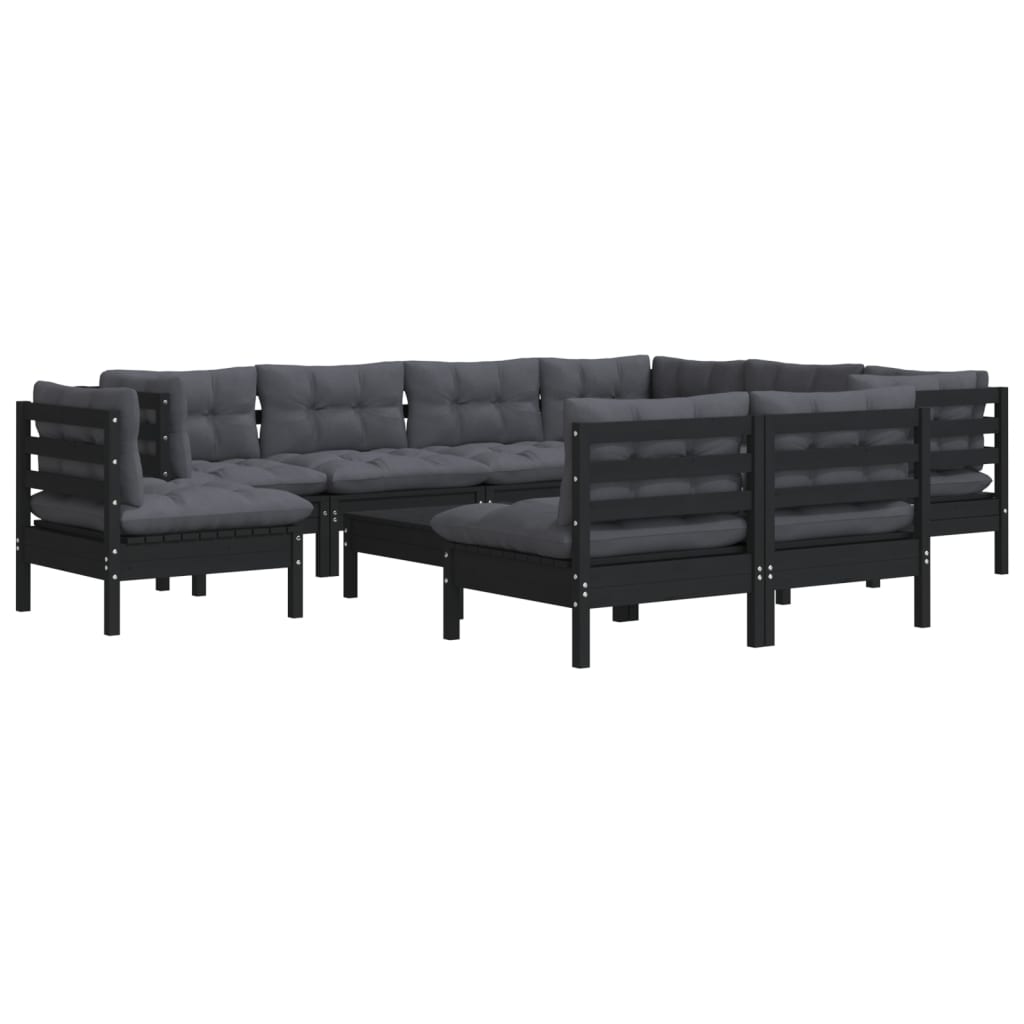 10-tlg. Garten-Lounge-Set mit Kissen Schwarz Massivholz Kiefer