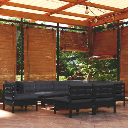 10-tlg. Garten-Lounge-Set mit Kissen Schwarz Massivholz Kiefer