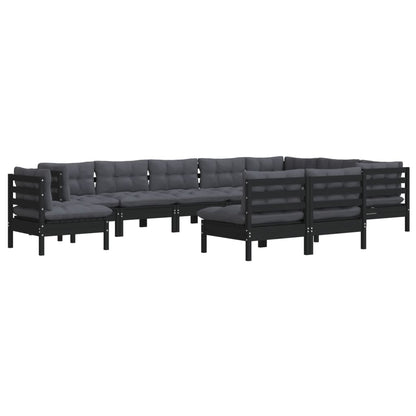 10-tlg. Garten-Lounge-Set mit Kissen Schwarz Massivholz Kiefer