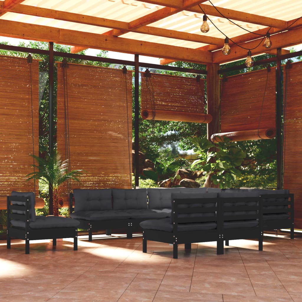 10-tlg. Garten-Lounge-Set mit Kissen Schwarz Massivholz Kiefer