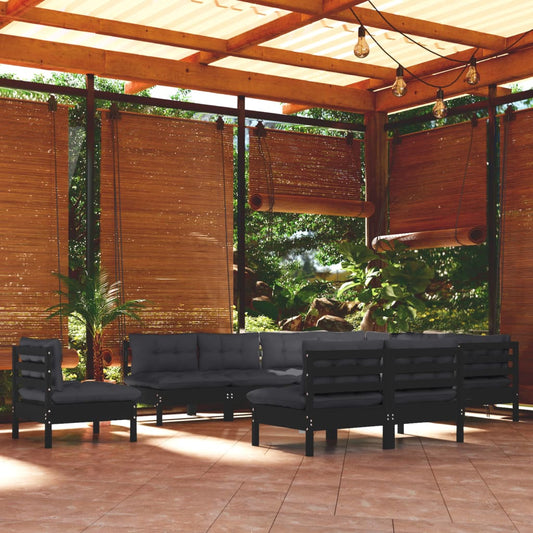 10-tlg. Garten-Lounge-Set mit Kissen Schwarz Massivholz Kiefer