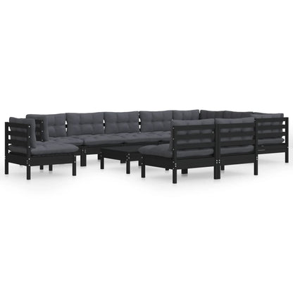 11-tlg. Garten-Lounge-Set mit Kissen Schwarz Massivholz Kiefer