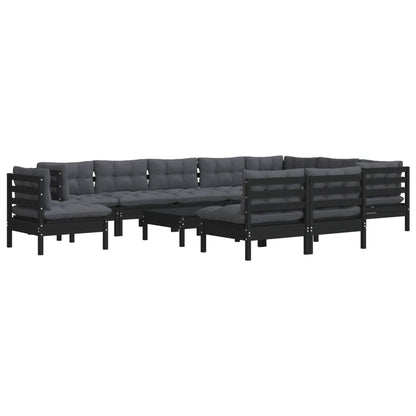 11-tlg. Garten-Lounge-Set mit Kissen Schwarz Massivholz Kiefer