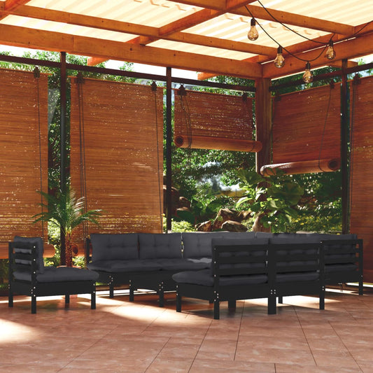 11-tlg. Garten-Lounge-Set mit Kissen Schwarz Massivholz Kiefer