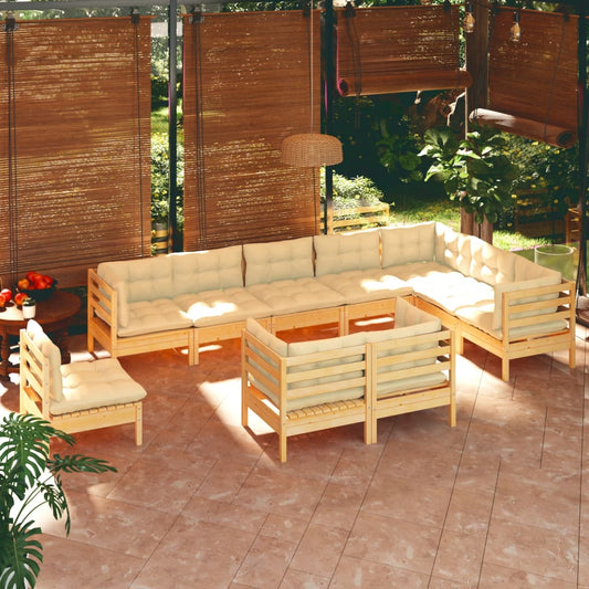 10-tlg. Garten-Lounge-Set mit Creme Kissen Massivholz Kiefer