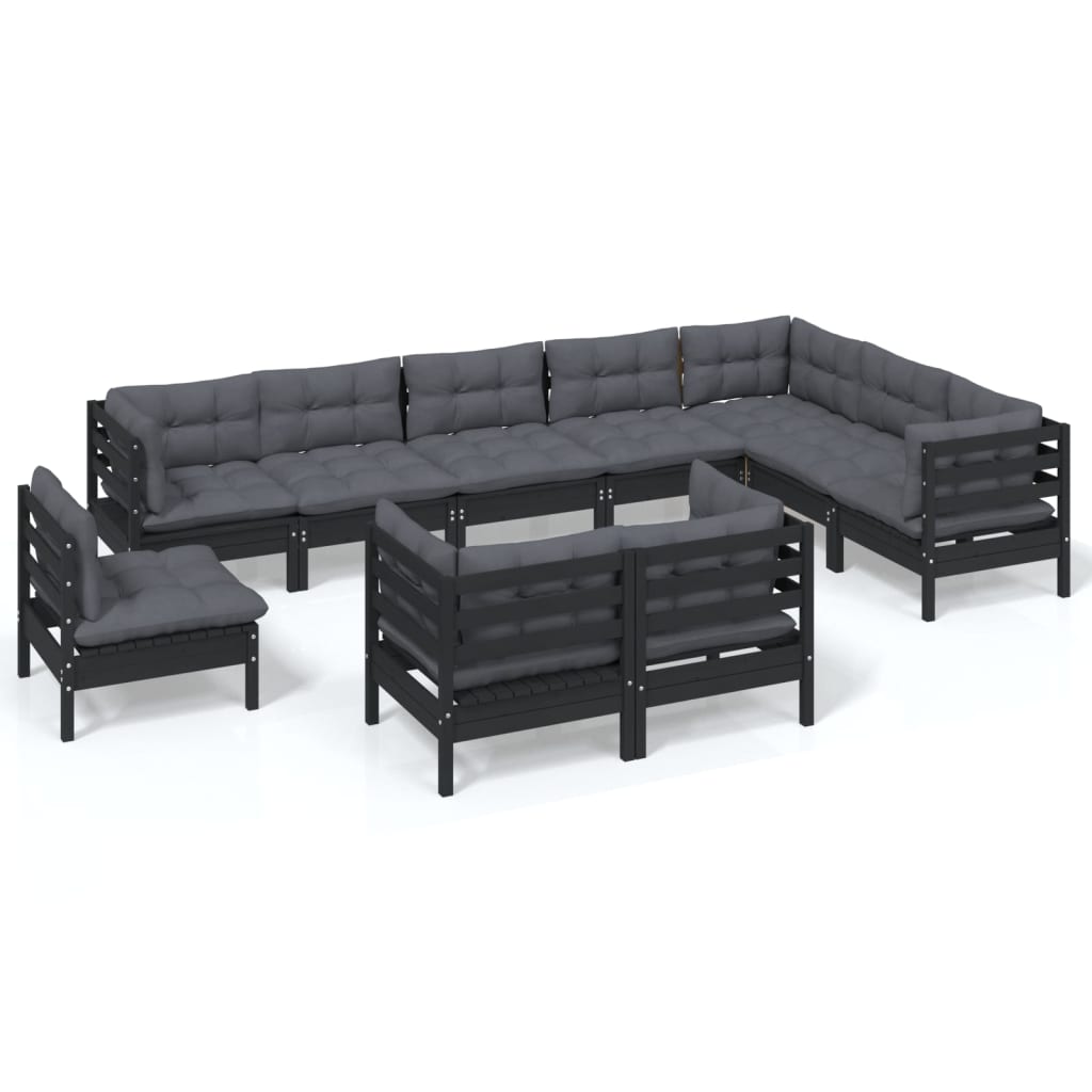 10-tlg. Garten-Lounge-Set mit Kissen Schwarz Massivholz Kiefer