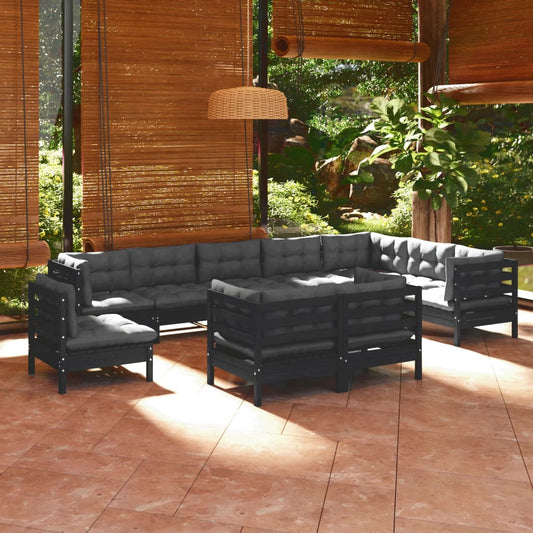 10-tlg. Garten-Lounge-Set mit Kissen Schwarz Massivholz Kiefer