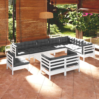 11-tlg. Garten-Lounge-Set mit Kissen Weiß Kiefer Massivholz