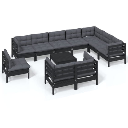 11-tlg. Garten-Lounge-Set mit Kissen Schwarz Massivholz Kiefer