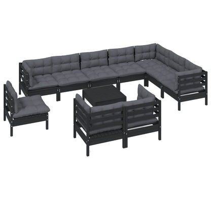 11-tlg. Garten-Lounge-Set mit Kissen Schwarz Massivholz Kiefer