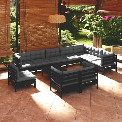 11-tlg. Garten-Lounge-Set mit Kissen Schwarz Massivholz Kiefer