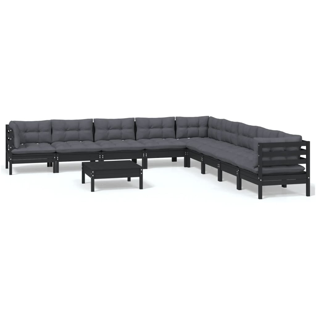 10-tlg. Garten-Lounge-Set mit Kissen Schwarz Massivholz Kiefer